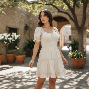 Trixxi Tan Puff Sleeve Peasant Mini Dress - Size Small